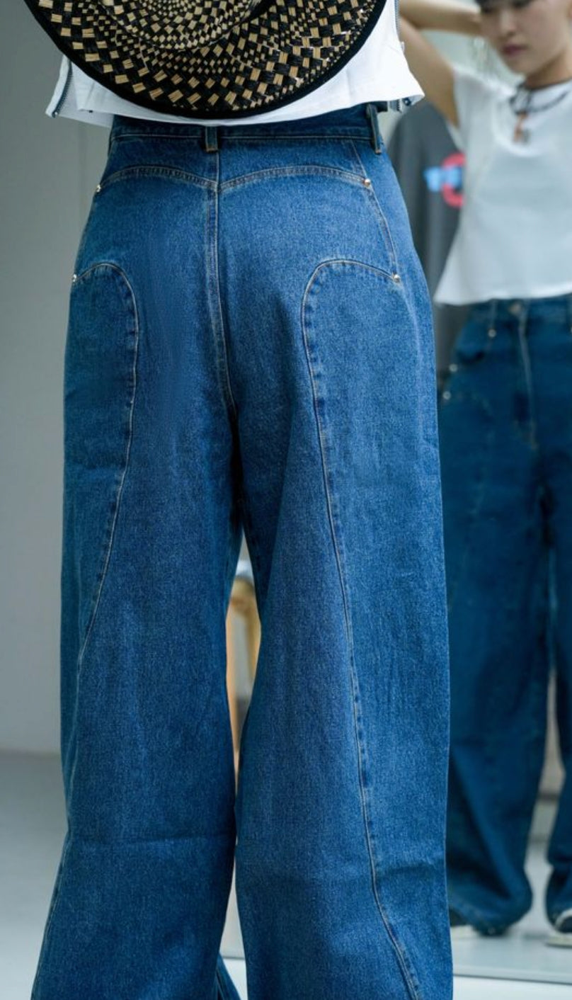 Wave Pattern Denim Wide Pants