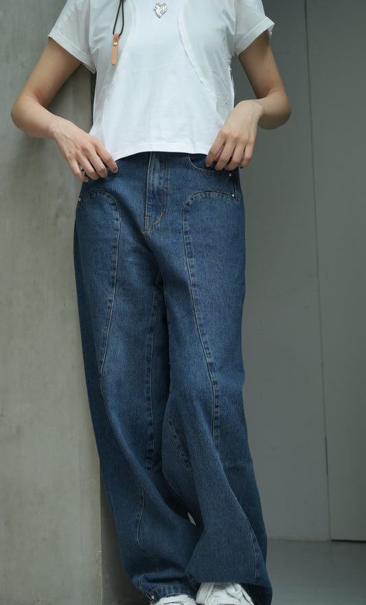 Wave Pattern Denim Wide  Pants